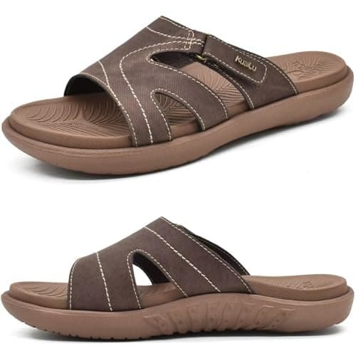 KuaiLu Womens Fashion Orthotic Slides Ladies Lightweight Athletic Yoga Mat Walking Sandals Slip On Thick Cushion Recovery Slippers Sandles Comfortable Plantar Fasciitis Arch Support Brown Tan Size 11