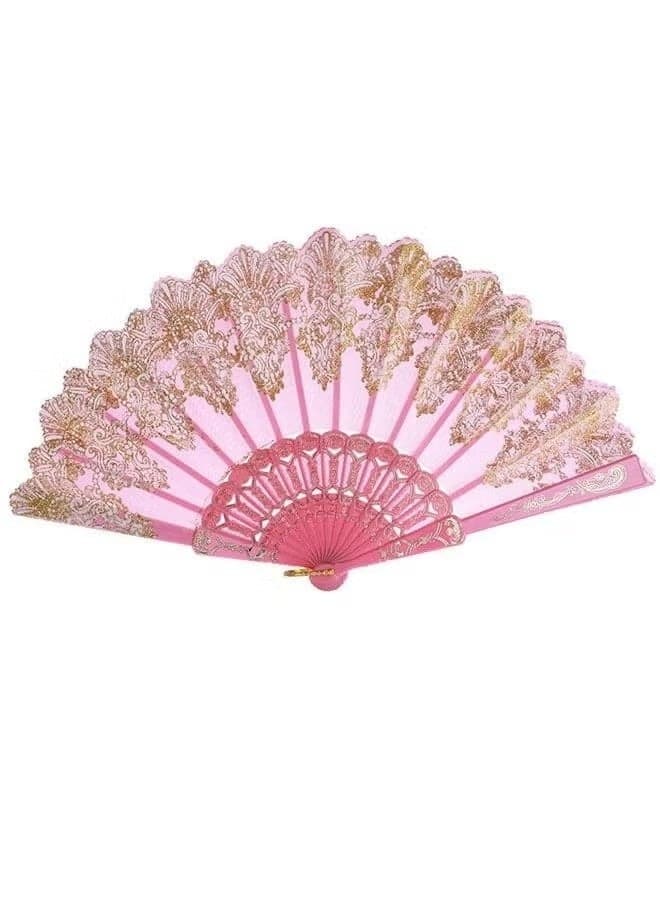 Chinese Style Hot Stamping Fan Printing Folding Fan Hanfu Performance Dance Craft Fan(Pink)