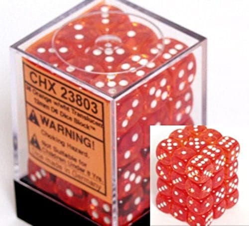 Chessex Dice d6 Sets Orange with White Translucent 12mm Six Sided Die 36 Block of Dice