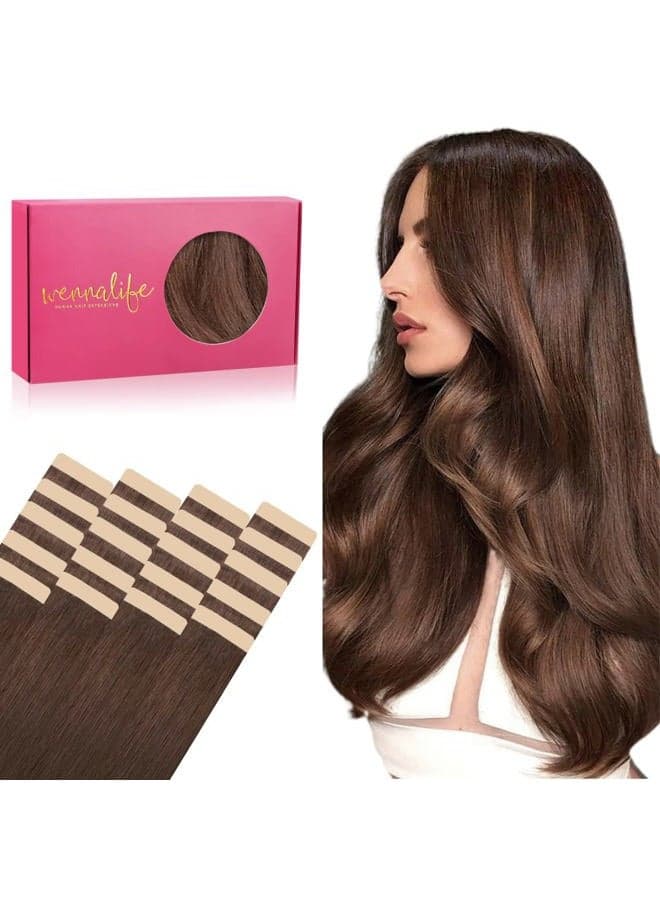 WENNALIFE Tape in Hair Extensions Human Hair, 20pcs 50g 14 inch Chocolate Brown Remy Hair Extensions Straight Human Hair Tape in Extensions Skin Weft Tape Extensions Human Hair