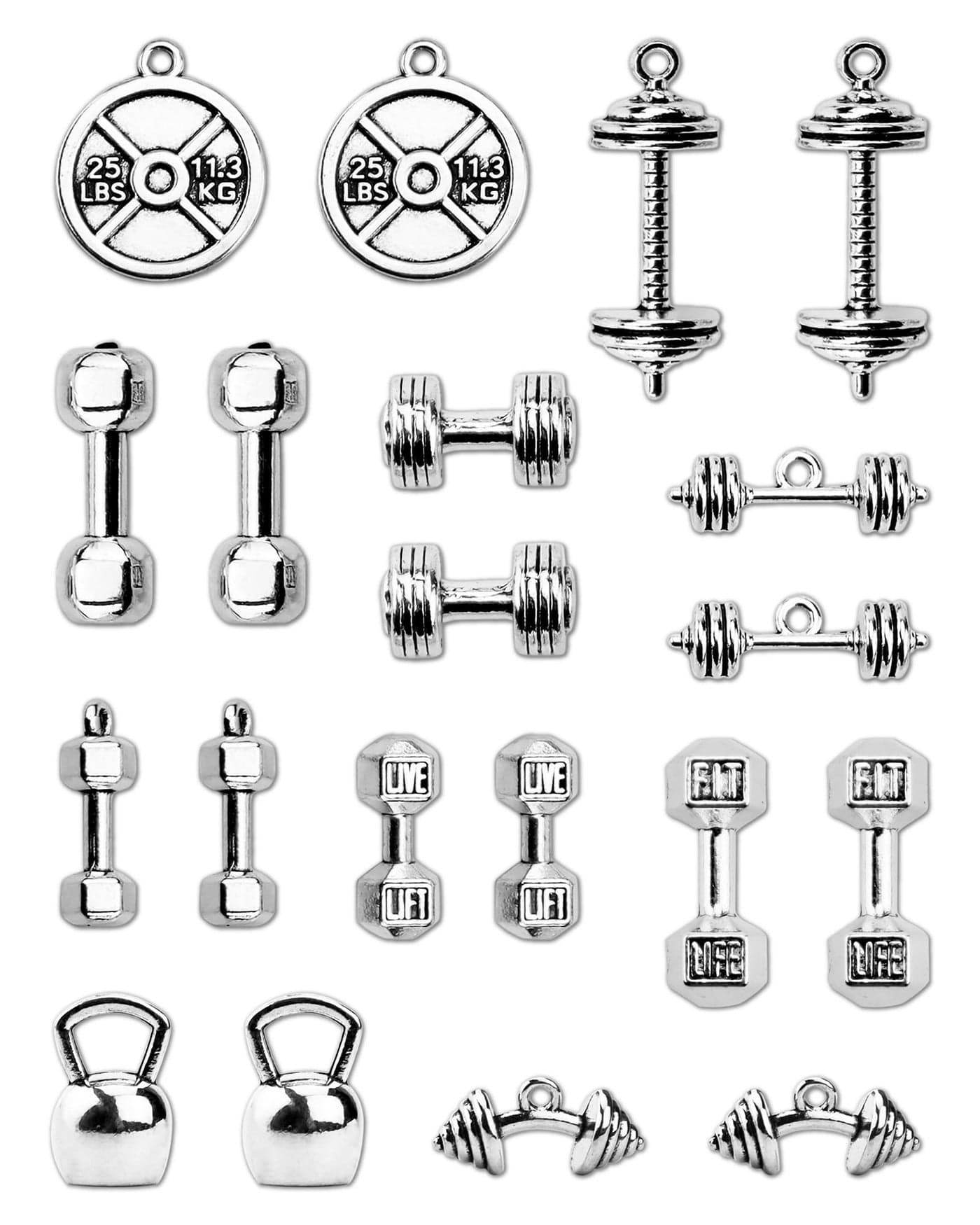 JIALEEY Sports Charms Collection Mixed Kettle Bell Dumbbell Barbell Weight Charms Sport Charm for DIY Fitness Necklace Jewelry Making 20pcs100g