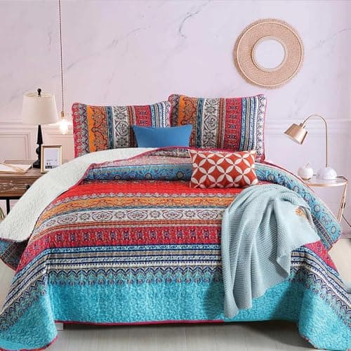 WONGS BEDDING Bohemian Quilt Set King Size, Boho Striped Printed Bedding Bedspread Coverlet Set for All Season, Lightweight Microfiber Quilts with 2 Pillowcases 104"x90" (3 Pieces, Colorful)