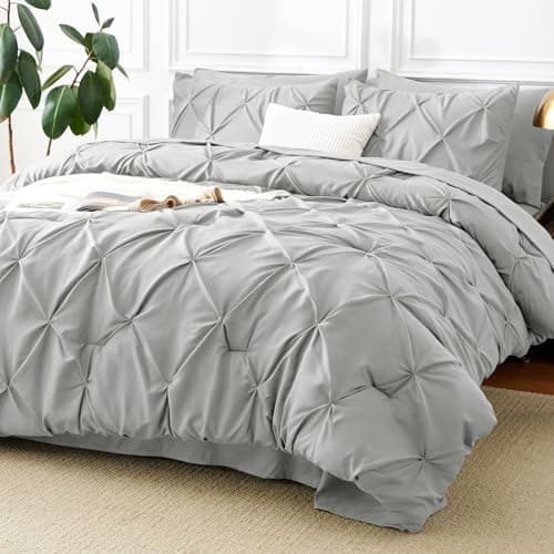 CozyLux Queen Comforter Set Light Grey 7 Pieces Pintuck Bed in A Bag Premium Gray Comforter Queen Size Pinch Pleat Bedding Sets with Comforter Sheets Pillowcases Shams
