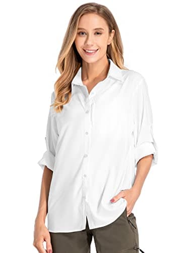 Women's UPF 50 Long Sleeve Sun Protection Shirts Quick Dry Outdoor Fishing Hiking Travel Shirt (5019 White, Large)