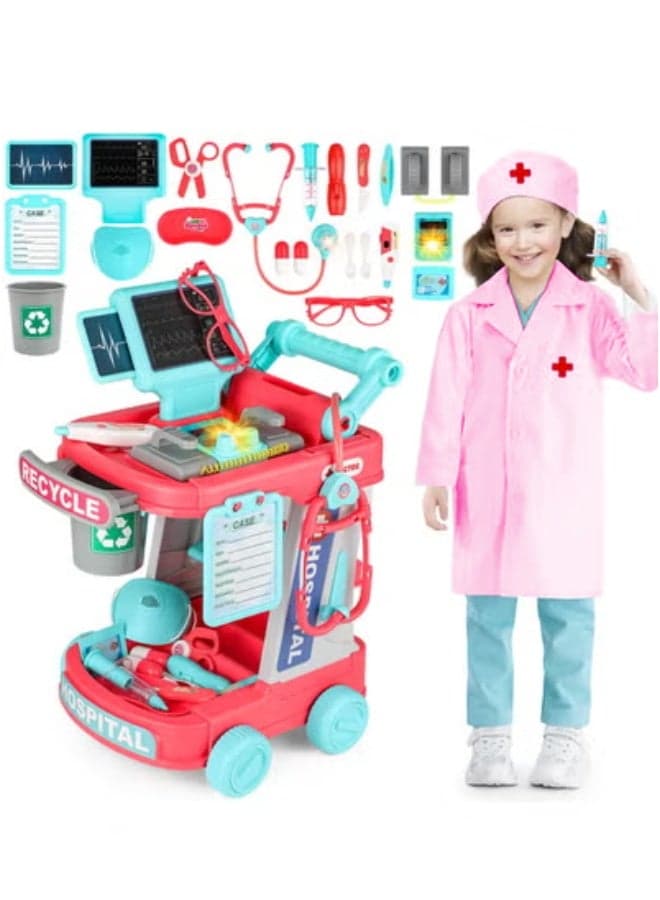 Doctor Cart Kit for Kids Toy Pretend Playset with Doctor Costume Stethoscope and Medical Instruments Role Play Mobile Medical Station Set for Toddlers Girls Boys Age 3-6, Pink