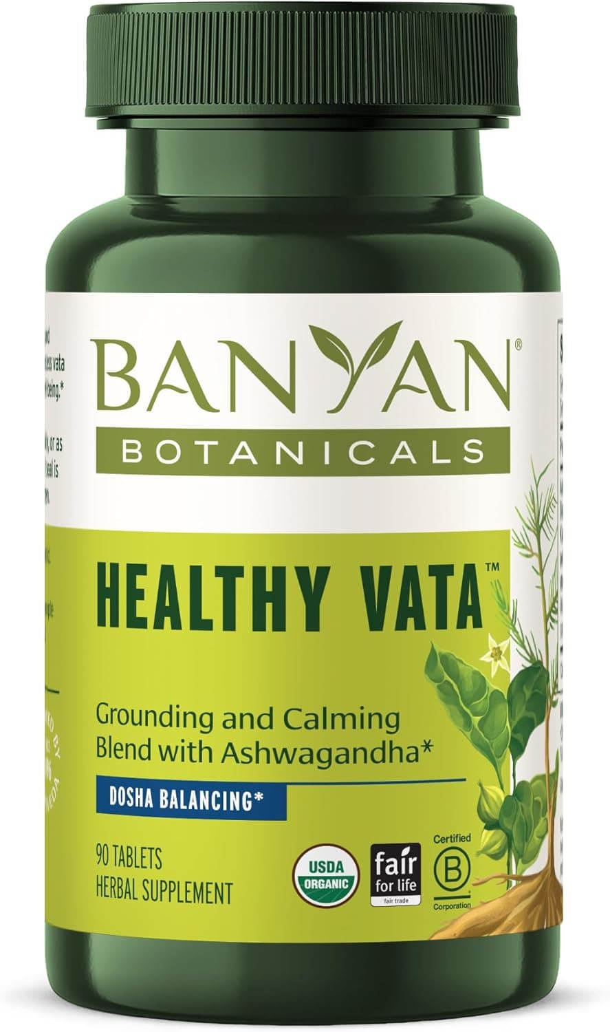Banyan Botanicals Healthy Vata Organic Herbal Supplement with Ashwagandha Shatavari Other Ayurvedic Herbs for Calm and Balanced WellBeing 90 Tablets NonGMO Sustainably Sourced Vegan