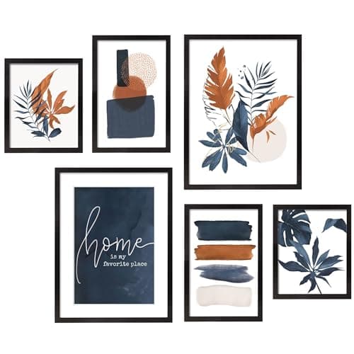 ArtbyHannah 6-Piece Multi-Size Gallery Wall Frame Set, Blue and Orange Framed Botanical Wall Art for Living Room, Bedroom and Office