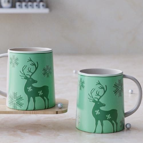 The Earth Store Green Reindeer Ceramic Coffee Mug Set 300ml, Microwave & Dishwsher Safe Tea/Milk Mug, Ideal for Home, Office, Gifting and Daily Use Set of 2