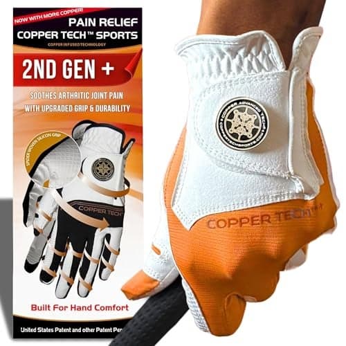 Copper Tech Mens Golf Gloves Joint Support for Golfers with Copper Compression 100 AAA Synthetic Leather Built for Comfort JointFriendly WhiteOrange XLarge Left
