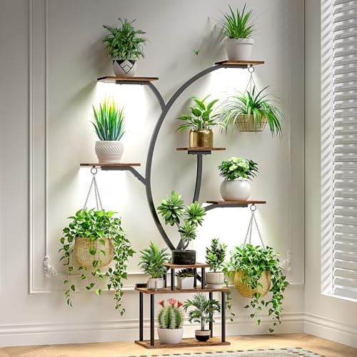 VECELO 65" Tall Plant Stand Indoor with Grow Lights, 8-Tier Plant Shelf with Hanging Hooks, Tree-Shaped Metal Plant Rack, Space-Saving for Home, Living Room & Corner Spaces, Brown