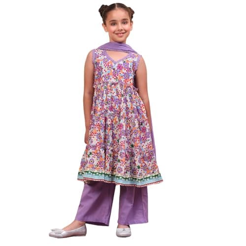 Biba Girls Lavender Tiered Cotton Printed Kurta suit set