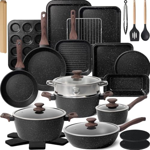 Kikcoin Pots and Pans Set Non Stick 31 Piece Kitchen Nonstick Cooking Cookware Sets with Grill Pan Saucepan Baking Sheet Utensil, Black