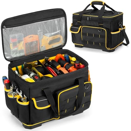 Marscamd 16inch Tool Bag with Hard Bottom and a Detachable Divider Heavy Duty Tool Tote with Multiple Pockets Black