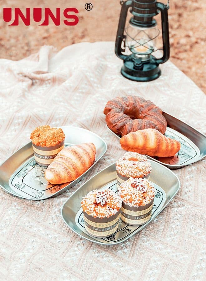 3-Piece Serving Tray,Metal Barbecue Plate,Vintage Feeding Serving Camping Plate Dish For Outdoor,Fruit,BBQ,Flower Pattern