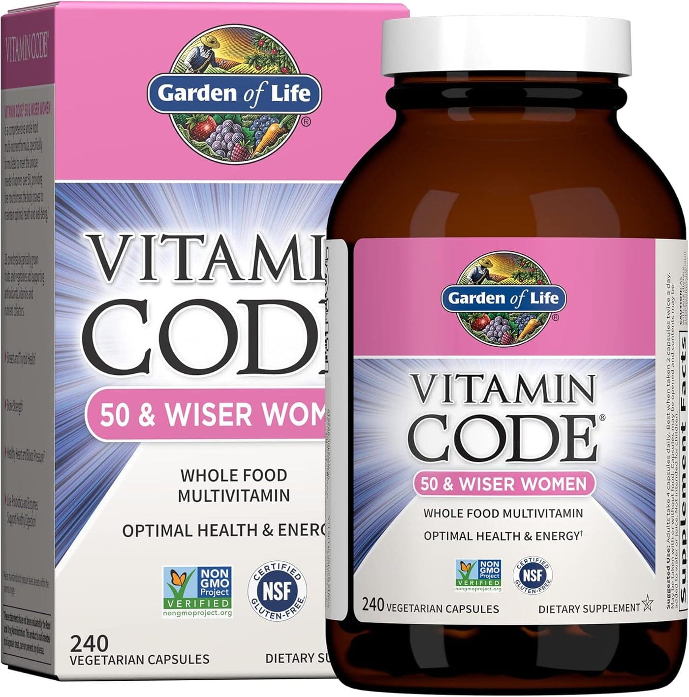 Garden of Life Multivitamin for Women 50 Over Vitamin Code Women 50 Wiser Multi 240 Capsules with Vitamins A B C D3 E K CoQ10 Probiotics Enzymes