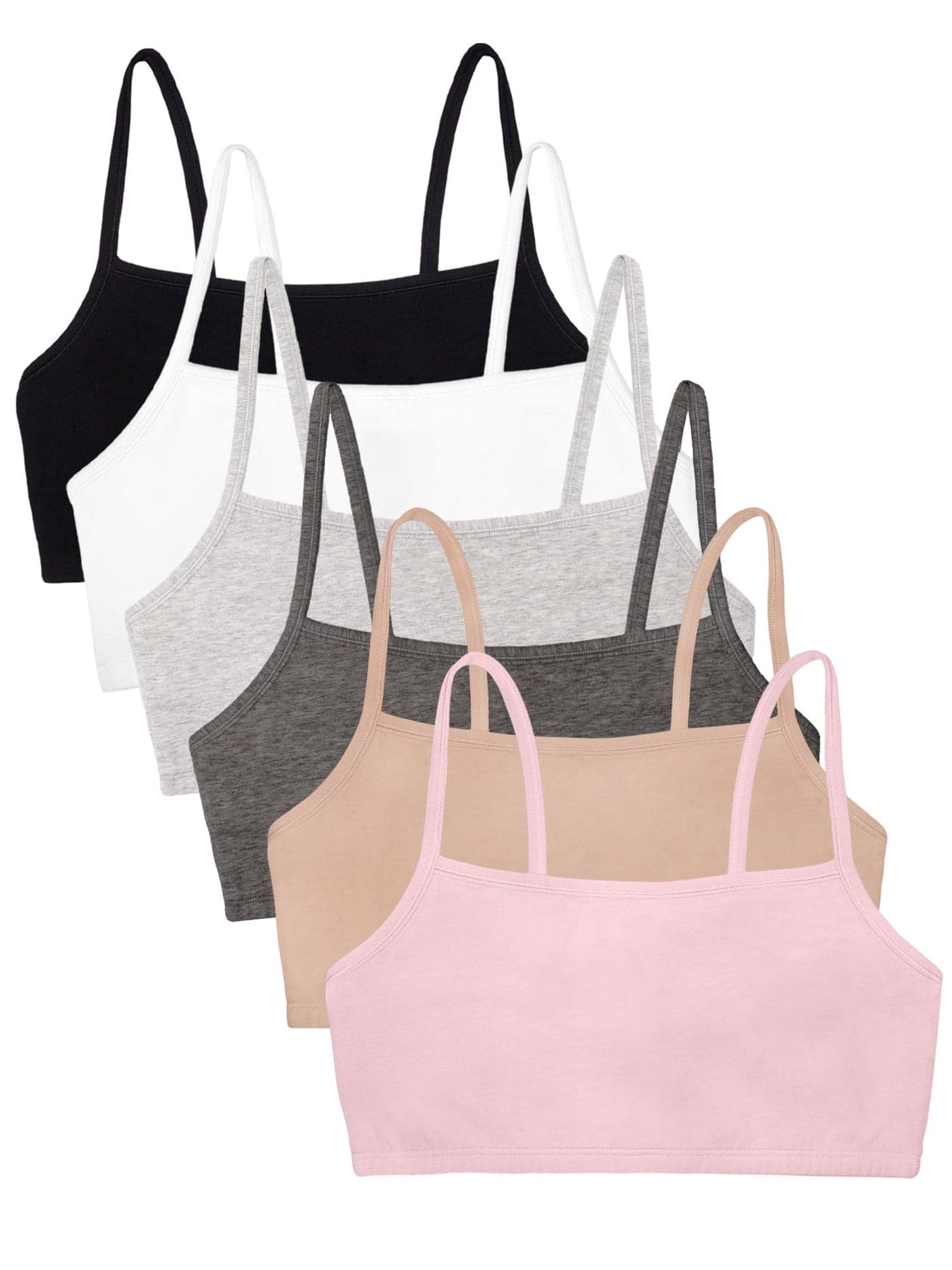 Fruit of the Loom Women's Spaghetti Strap Cotton Pullover Sports Bra Value Pack, Sand/White/Heather Grey/Black/Blushing Rose/Charcoal