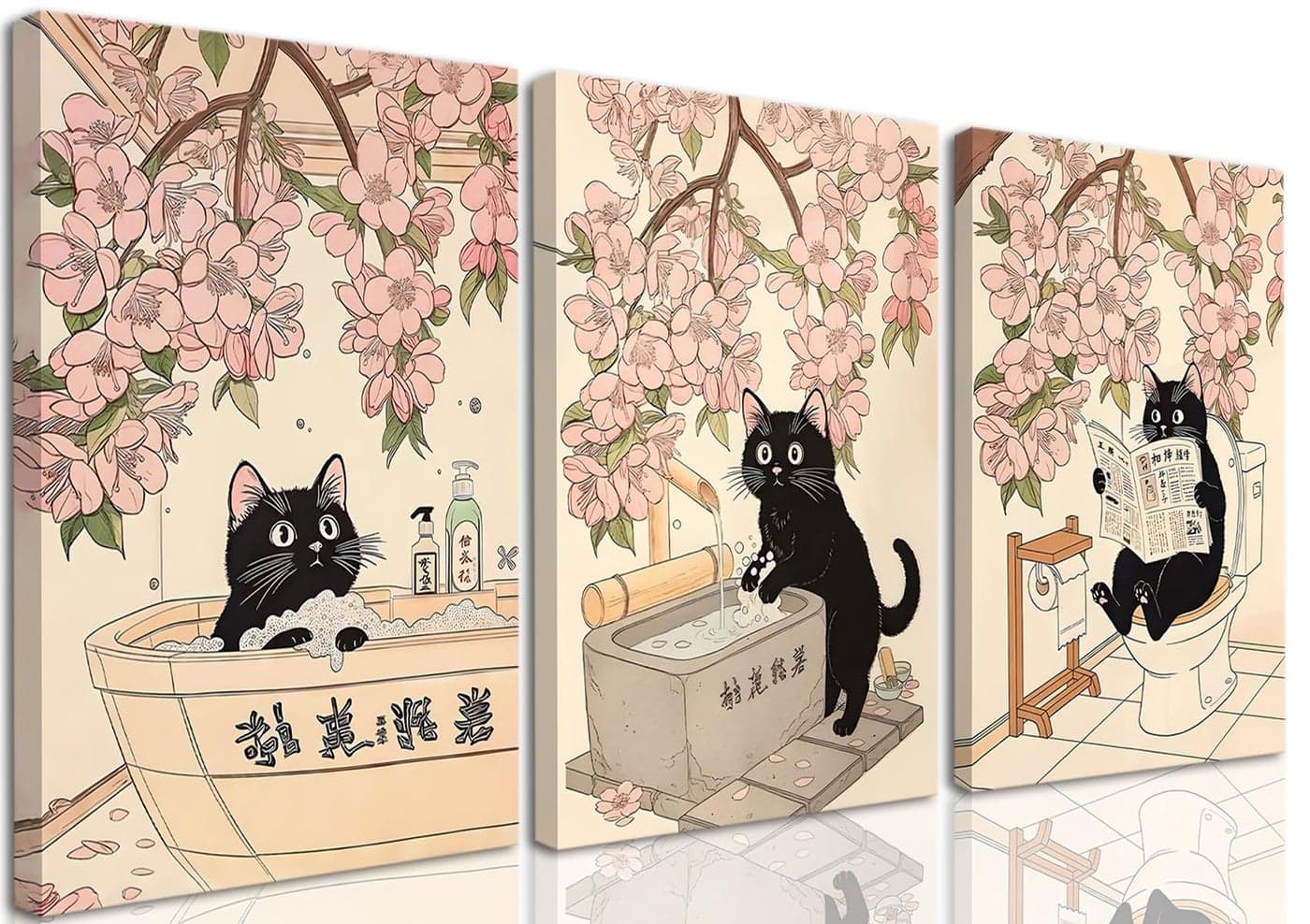 Funny Japanese Bathroom Wall Art Set of 3, Whimsical Black Cat Bathroom Wall Decor Painting Cute Japan Animal on Toilet Reading Poster Canvas Prints 12x16 inch Framed