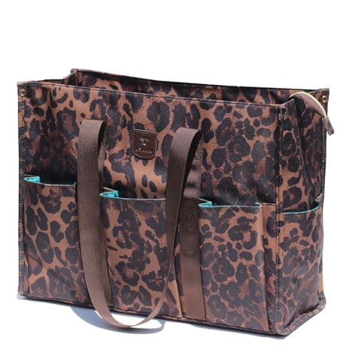 ESVAN Utility Tote Bag with Zip Top Waterproof Teacher Tote Bag for Teacher Work Women Beach (H black Brown leopard print)