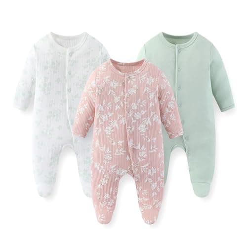 JELYLOVE Unisex Baby Boy Girl Footies Rompers Cotton Long Sleeve 3 Pack Infant Jumpsuits 0-12Months Babies' Outfits