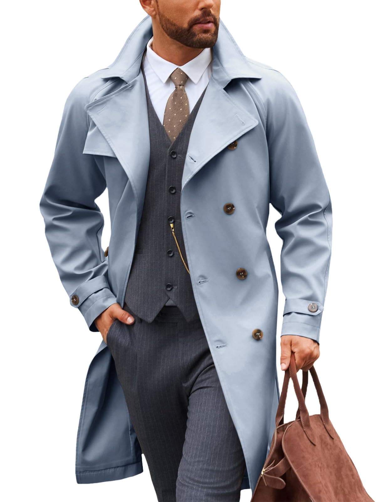 Runcati Mens Trench Coat Double Breasted Notched Lapel Casual Belted Windbreaker Fall Classic Long Jacket Overcoat
