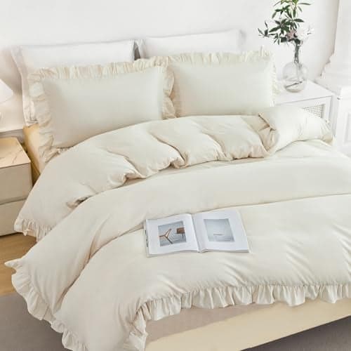 ZSYAYAHA Girls Ruffle Duvet Cover Set Queen 3 Pieces Beige Comforter Set for Kids Cute Chic Ruffled Bedding Duvet Cover Set with 2 Pillowcases(Beige, Queen)