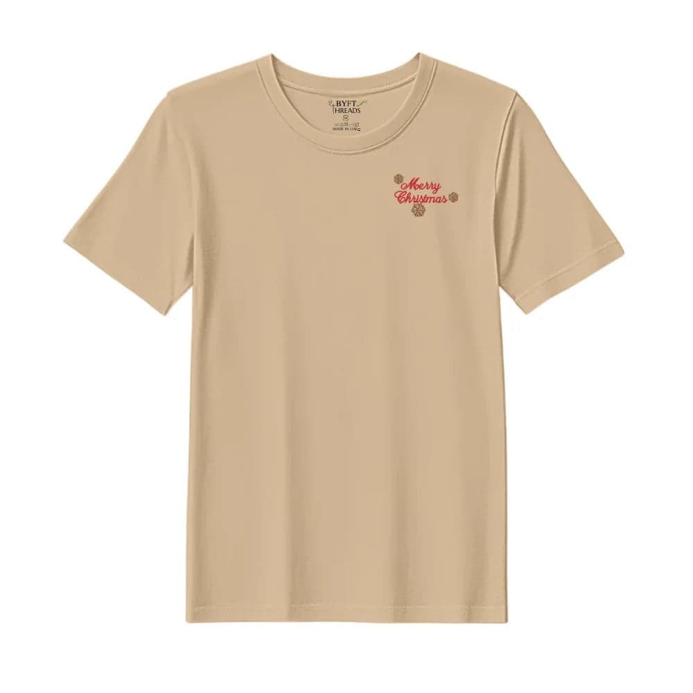 Threads XL Beige Polycotton T-Shirt - Christmas "Merry Christmas with Snowflakes" Embroidered Design, Premium Holiday Collection