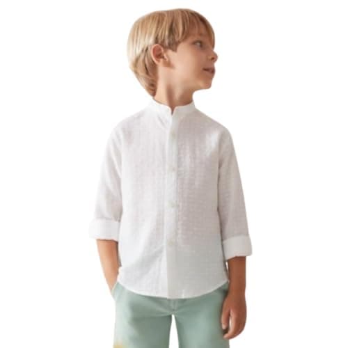 A.T.U.N. (ALL THINGS UBER NICE) Boys 100% Cotton Band Collar Shirt | Soft Breathable Fabric with Button Front Style & Roll-Up Sleeves | Comfortable Casual Kids Shirt White