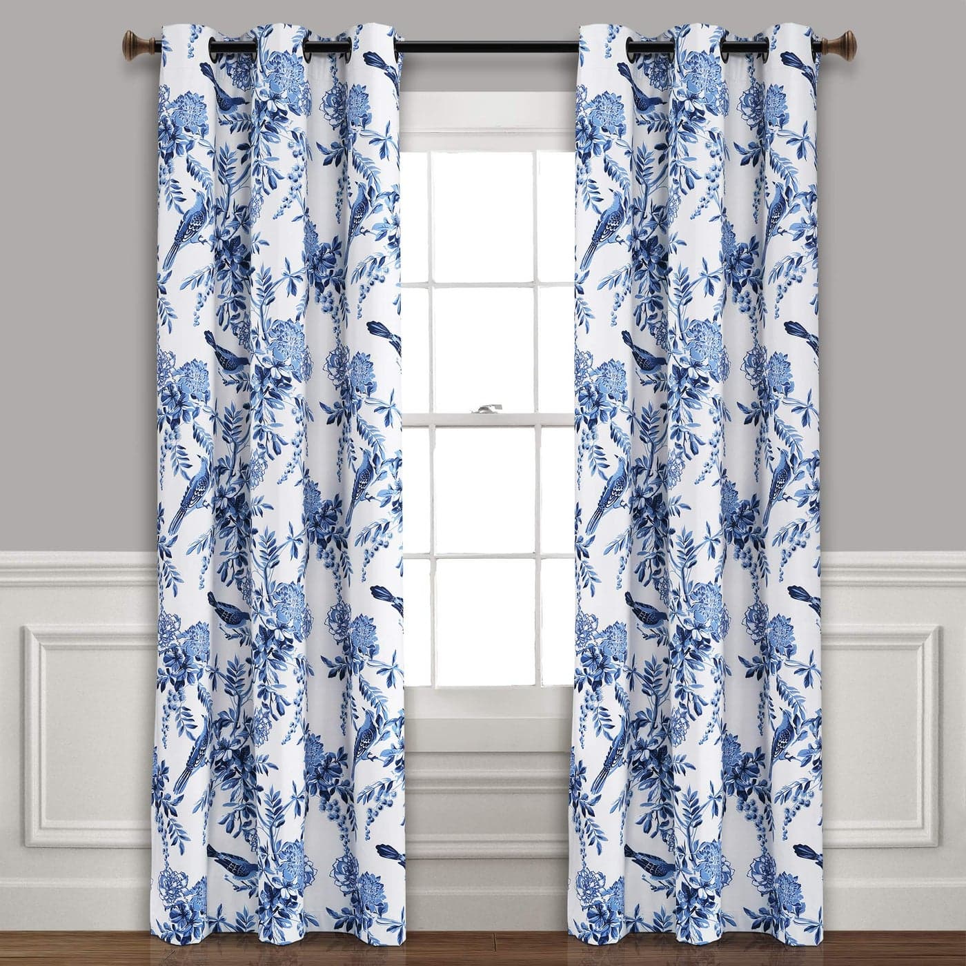 Lush Decor White and Blue Farmhouse Bird and Flower Insulated Grommet Blackout Window Curtain Panel Pair 95 x 38 95 x 38