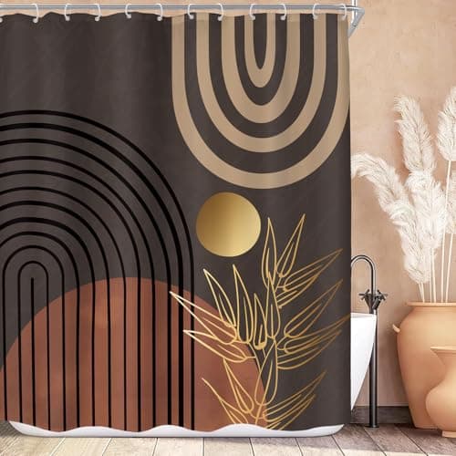 KOMLLEX Dark Brown Abstract Boho Shower Curtain for Bathroom Decor 60Wx72H Minimalist Aesthetic Mid Century Modern Shower Curtain Tan Palm Leaves Simple Fabric Waterproof Polyester 12 Pack Hooks