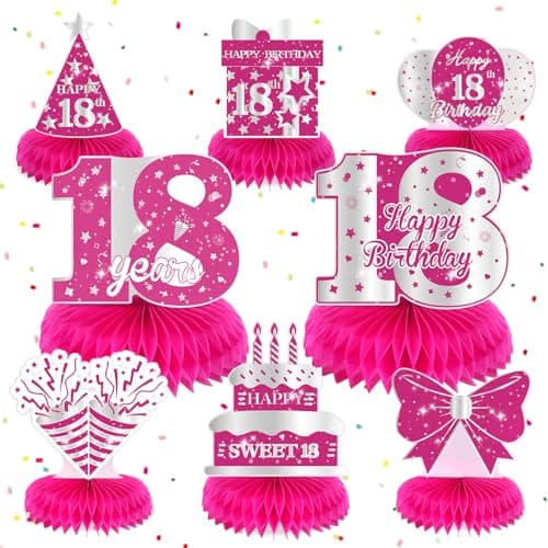 8Pcs Hot Pink 18th Birthday Party Decorations Girls Happy 18th Birthday Table Honeycomb Centerpieces for Table Decor Pink 18th Birthday Table Decorations Topper for Gilrs 18th Party Supplies