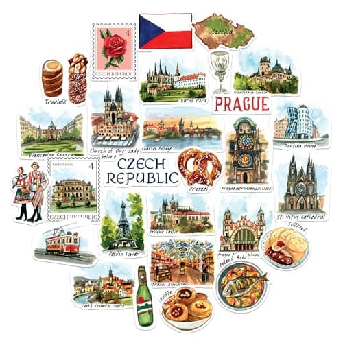 Navy Peony Charming Czech Republic Travel Stickers 28pcs Watercolor Prague CzechiaThemed Vacation Decals for Journals Scrapbooks Luggage