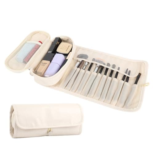 MAYCREATE® Travel Makeup Pouch Bag Organizer with 12 Sleeves, Makeup Brush Pouch, Zipper & Mesh Pouch, Waterproof Roll-Up Cosmetic Makeup Bag for Professional & Daily Use, Beige