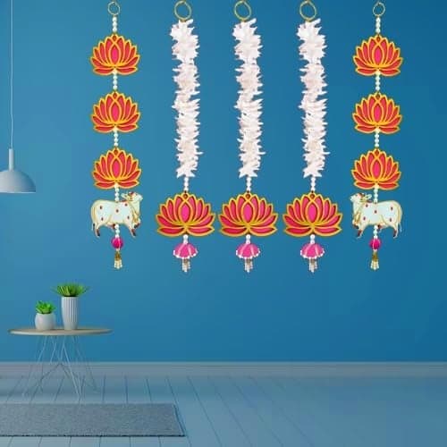 3 Tier Pink Lotus Latkan (Set of 2) and Long Gajra (Set of 3) Combo Jhumka Wall Temple Hanging Decorative Showpiece for Diwali Ganesh Chaturthi Pooja Home Festival Decoration