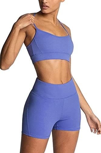 Workout Sets for Women 2 Piece Yoga Outfit: Tracksuits High Waisted Running Biker Shorts with Adjustable Strap Sport Bra Exercise Running Clothes Athletic Gym Sets Matching Active Wear Blue S
