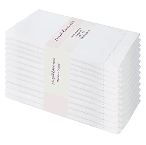PurpleEssences Set of 12 Hemstitch Cloth Dinner Napkins 100 Cotton Soft Durable Washable Ideal for Wedding Fall Thanksgiving Perfect Everyday Use Table Linen 18x18 White