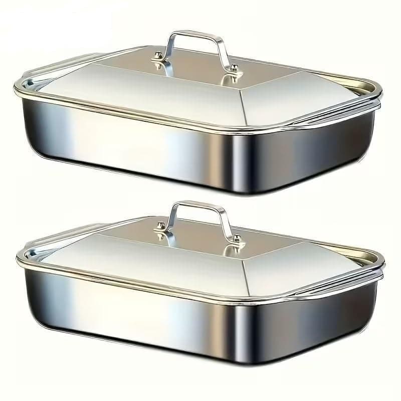 Touchcart 2PCS Stainless Steel Serving Tray with Lid 32×19×6 CM Heavy-Duty Deep Buffet, Roasting, Baking, Steam Table & Meal Prep Pan Set for Home, Catering, Restaurant Rustproof, Oven Dishwasher Safe