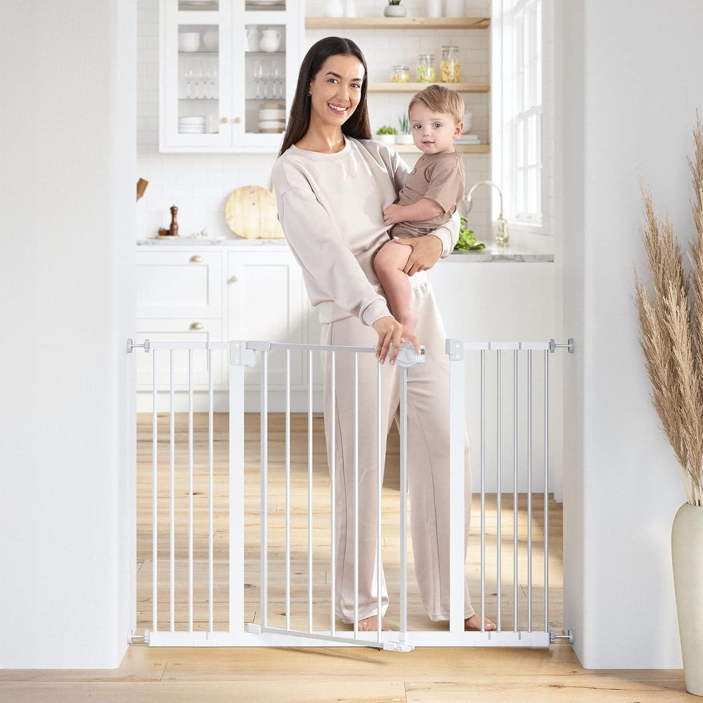 Comfy Cubs Baby Safety Gate with 3 Extensions Adjustable 42 x 19 x 30 Q195 Steel Doorway Barrier PowderCoated Finish for Stairs and Doorways WalkThrough Design Pet Gate White