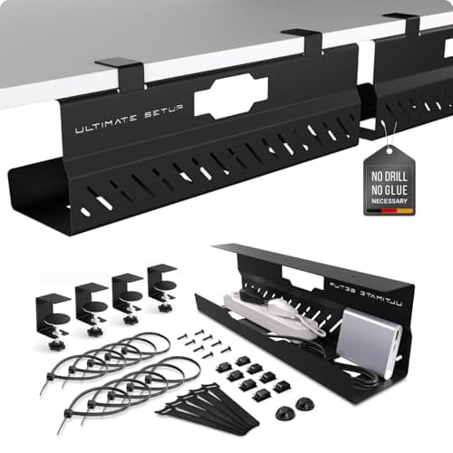 Under Desk Cable Management Tray no Drill Wire Management Cord Organizer Huge Load Capacity Under Desk Cable Tray no Drill Black 2 Pieces Set