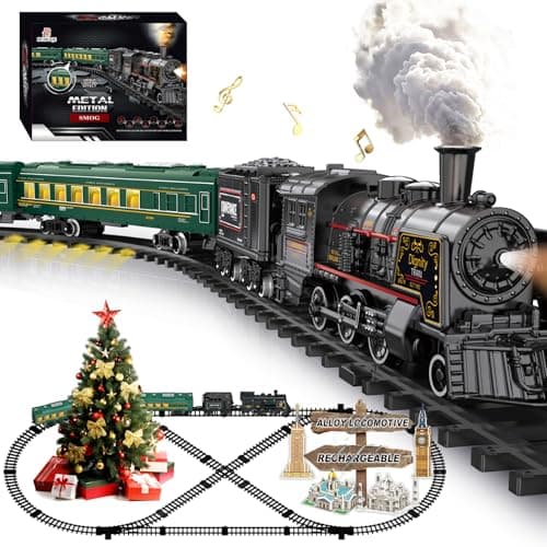 Electric Train Sets for Kids Metal Alloy Christmas Train Toys Steam Locomotive Glowing Passenger Carriages Luxury Tracks Light Sounds Rechargeable Birthday Gifts for Boys Girls Red Green