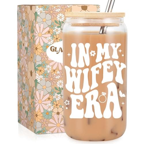 Fairy's Gift Wifey Era Cup, Wedding, Bride Gifts for Her, Bridal Shower, Engagement Gifts for Women, Couples, 16 oz Coffee Glass Cups w/Lids Straws, Bachelorette Presents for Bride to be, Future Mrs