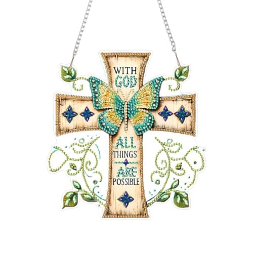 RYMILIE Diamond Art Hanging Kits for Adults Cross Special Shaped Diamond PaintingDouble Sided 5D DIY Acrylic Diamond Art Painting Window Pendants Home Garden Wall Hanging Kits Butterfly Ornament