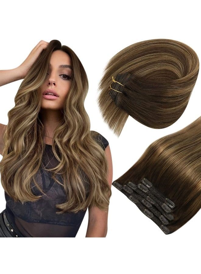Sunny Clip in Hair Extensions Real Human Hair Brown Balayage Clip in Human Hair Extensions Chocolate Brown Ombre Caramel Brown Balayage Hair Extensions 12inch 5Pcs 80G