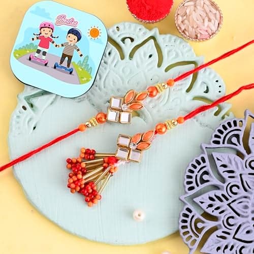 CraftVatika Rakhi Gift Combo for Brother and Bhabhi, Couple Pair Rakhi for Bhaiya Bhabhi with Fridge Magnet Gift Set, Rakshabandhan Rakhi Gift, Kundan Rakhi with Fridge Magnet for Door Decor