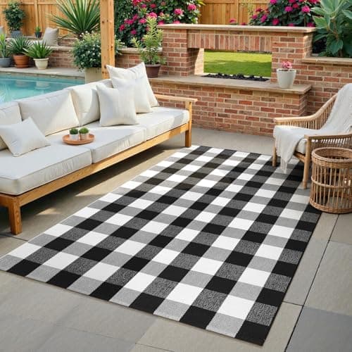 KIMODE Buffalo Plaid Rug 4'x6'Black and White Checkered Rug Farmhouse Cotton Hand-Woven Patio Rug Indoor Outdoor Area Rug Washable Floor Carpet for Front Door Front Porch Living Room