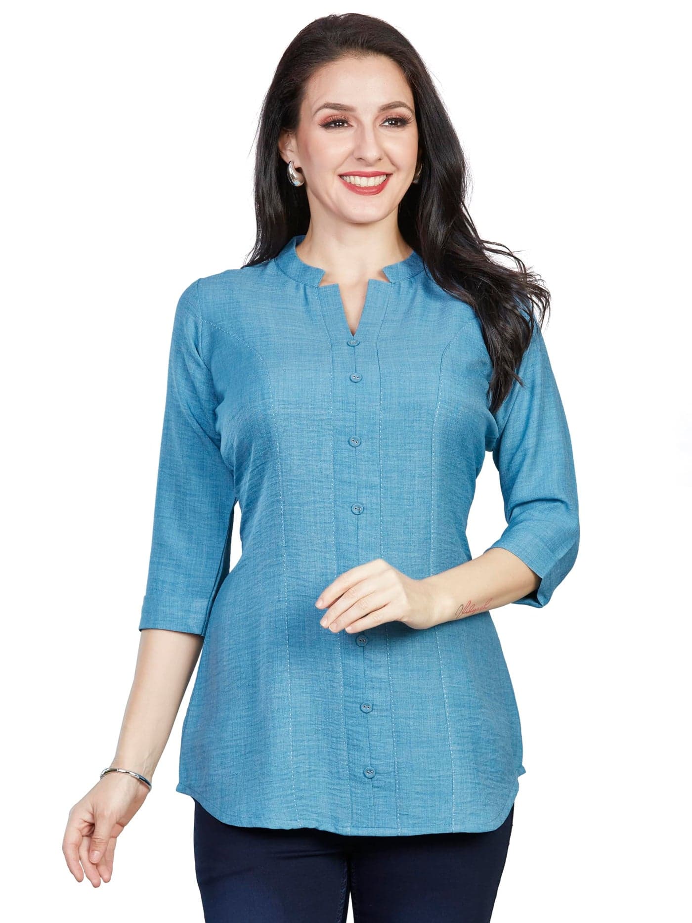 nioni Women’s Slub Rayon-Linen Light Blue Tunic with 3/4 Sleeves, Designer Cut Mandarin Collar, Kantha Stitching & Button Details (L)