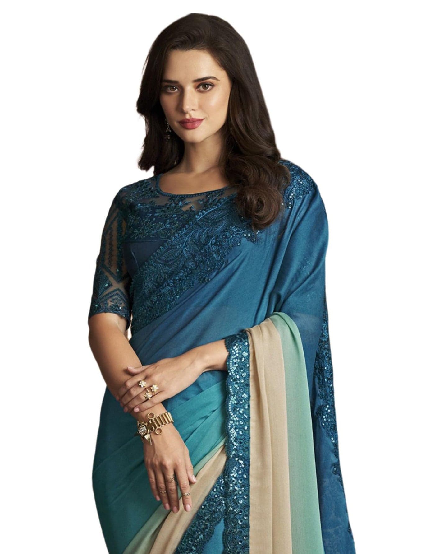 SIRIL Women's Chiffon Lace Boarder Saree With Unstitched Blouse Piece (3568S133_Turquoise & Beige)