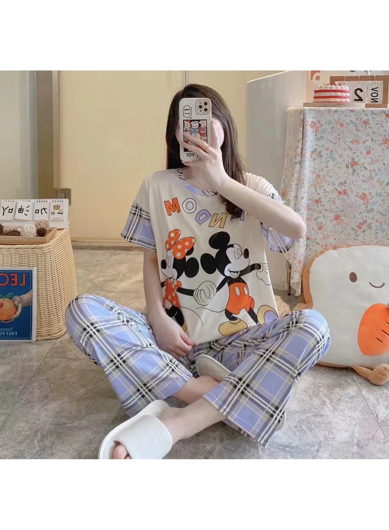 New Summer Short-sleeved Shorts And Trousers Three-piece Cute Cartoon Women's Pajama Suit Thin Girl's Cardigan Home Clothes