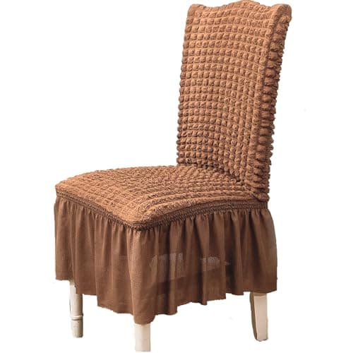 House of Quirk Polyester Turkish Bubble Frill Chair Cover Stretch Removable Washable Short Dining Chair Cover Protector Seat Slipcover (Light Brown, Pack of 1)
