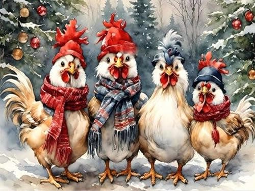 Ekuxom Chicken Diamond Art Kits for Adults Winter Christmas Diamond Art Kits for Adults Full Round Christmas Chicken Diamond Painting Gem Art Home Wall Decor 16x12 inch