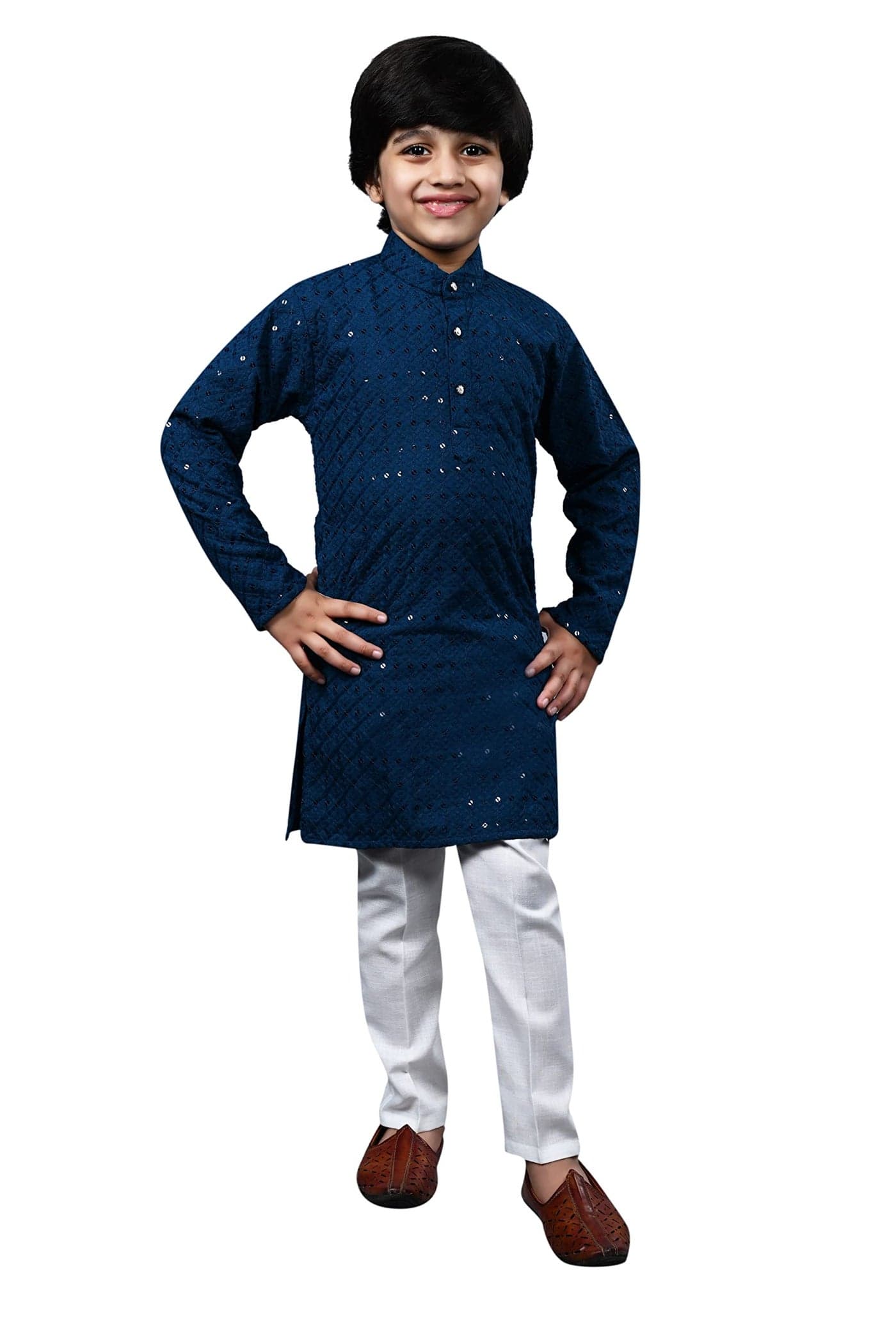AHHAAAA Kid's Full Sequin Floral Embroidery Mirror Work Kurta With Pajama Set For Boys (Teal, 2-3 Yrs) 502Mf (Cotton), 2-3 Years